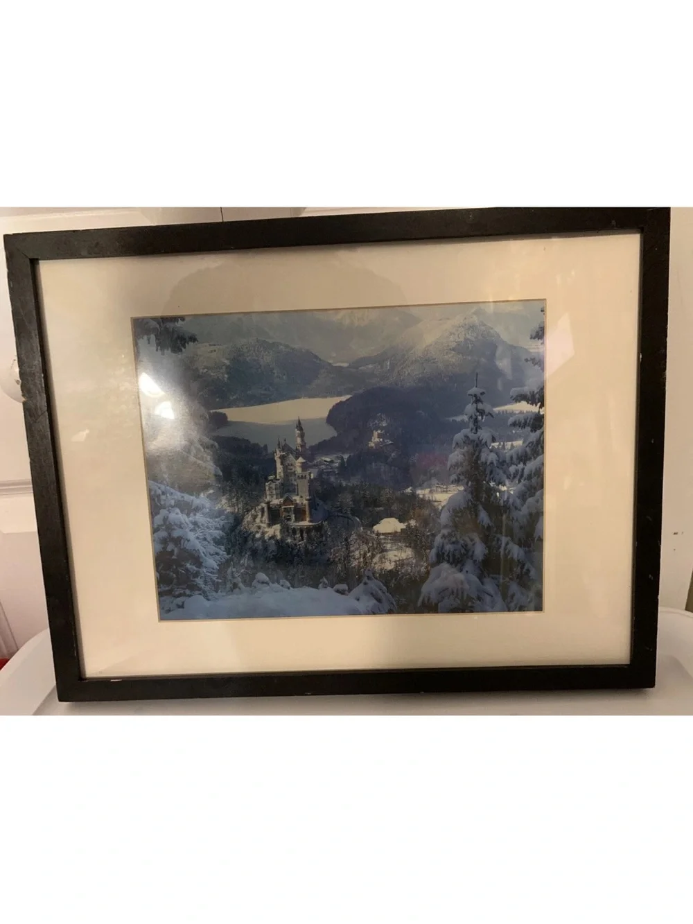 Vintage Neuschwanstein Castle Print Framed Snow